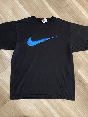 Vintage 90s Nike Shirt Mens Medium Black Blue Big Embroidered Swoosh Made in USA